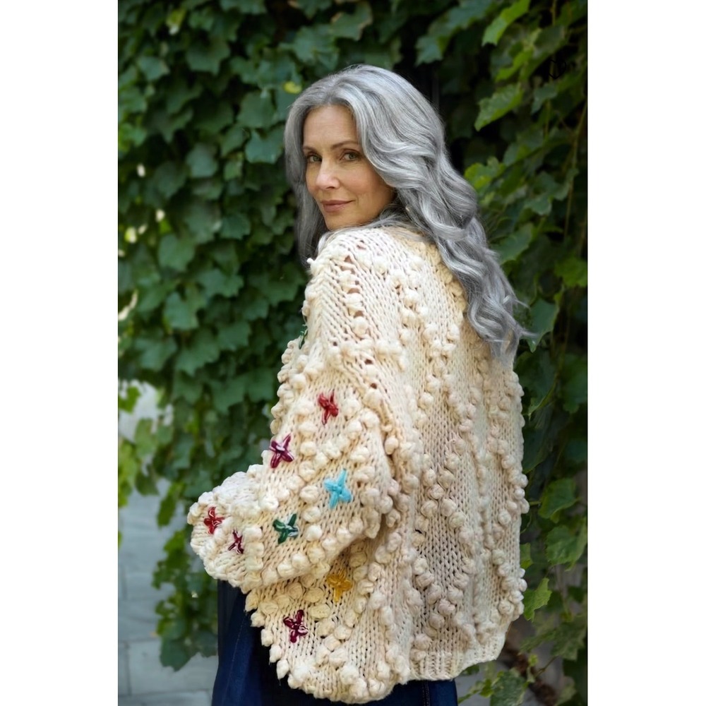 SAACHI Floral Knitted Winter Cardigan Chunky Bobble Knit Cottagecore bohemian